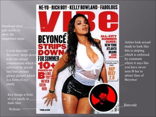 Masthead clear  and visible to show the magazines name Cover lines say Beyonce` strips down with has sexual connotations which is enforced by sexual laid bare picture glossy picture which is a form of eye candy Artists look sexual  made to look like this is striping which is enforced by comment where it says like you have never seen B her to attract fans of Beyonce` Barcode Key Image a from of eye candy to male fans Website 