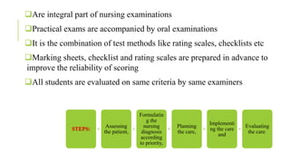 Are integral part of nursing examinations
Practical exams are accompanied by oral examinations
It is the combination of test methods like rating scales, checklists etc
Marking sheets, checklist and rating scales are prepared in advance to
improve the reliability of scoring
All students are evaluated on same criteria by same examiners
STEPS:
Assessing
the patient,
Formulatin
g the
nursing
diagnosis
according
to priority,
Planning
the care,
Implementi
ng the care
and
Evaluating
the care.
 