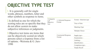 OBJECTIVE TYPE TEST
1. It is generally call for single
words, phrases, numbers, letter and
other symbols as response to items.
2.Is defined as one for which the
scoring rules are so specific that they
do not allow scorers to make
subjective inferences or judgments.
3.Objective test items are items that
can be objectively scored on which
persons select a response from a list
of options. -Weirsma & G .Jurs-
1990
1.Categorie
s of
Objective
Test
1.• Selected Response
Format
Format - Selection type
True or False
Matching Type
Multiple Choice
Constructed Response
Format
Supply type -
Enumeration -
Labeling -
Identification -
Completion type -
Simple Recall
 
