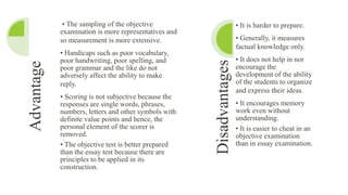 Advantage
• The sampling of the objective
examination is more representatives and
so measurement is more extensive.
• Handicaps such as poor vocabulary,
poor handwriting, poor spelling, and
poor grammar and the like do not
adversely affect the ability to make
reply.
• Scoring is not subjective because the
responses are single words, phrases,
numbers, letters and other symbols with
definite value points and hence, the
personal element of the scorer is
removed.
• The objective test is better prepared
than the essay test because there are
principles to be applied in its
construction.
Disadvantages
• It is harder to prepare.
• Generally, it measures
factual knowledge only.
• It does not help in nor
encourage the
development of the ability
of the students to organize
and express their ideas.
• It encourages memory
work even without
understanding.
• It is easier to cheat in an
objective examination
than in essay examination.
 