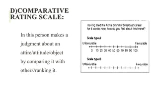 D)COMPARATIVE
RATING SCALE:
In this person makes a
judgment about an
attire/attitude/object
by comparing it with
others/ranking it.
 