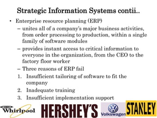 Strategic Information Systems contii..
• Enterprise resource planning (ERP)
– unites all of a company’s major business activities,
from order processing to production, within a single
family of software modules
– provides instant access to critical information to
everyone in the organization, from the CEO to the
factory floor worker
– Three reasons of ERP fail
1. Insufficient tailoring of software to fit the
company
2. Inadequate training
3. Insufficient implementation support
 