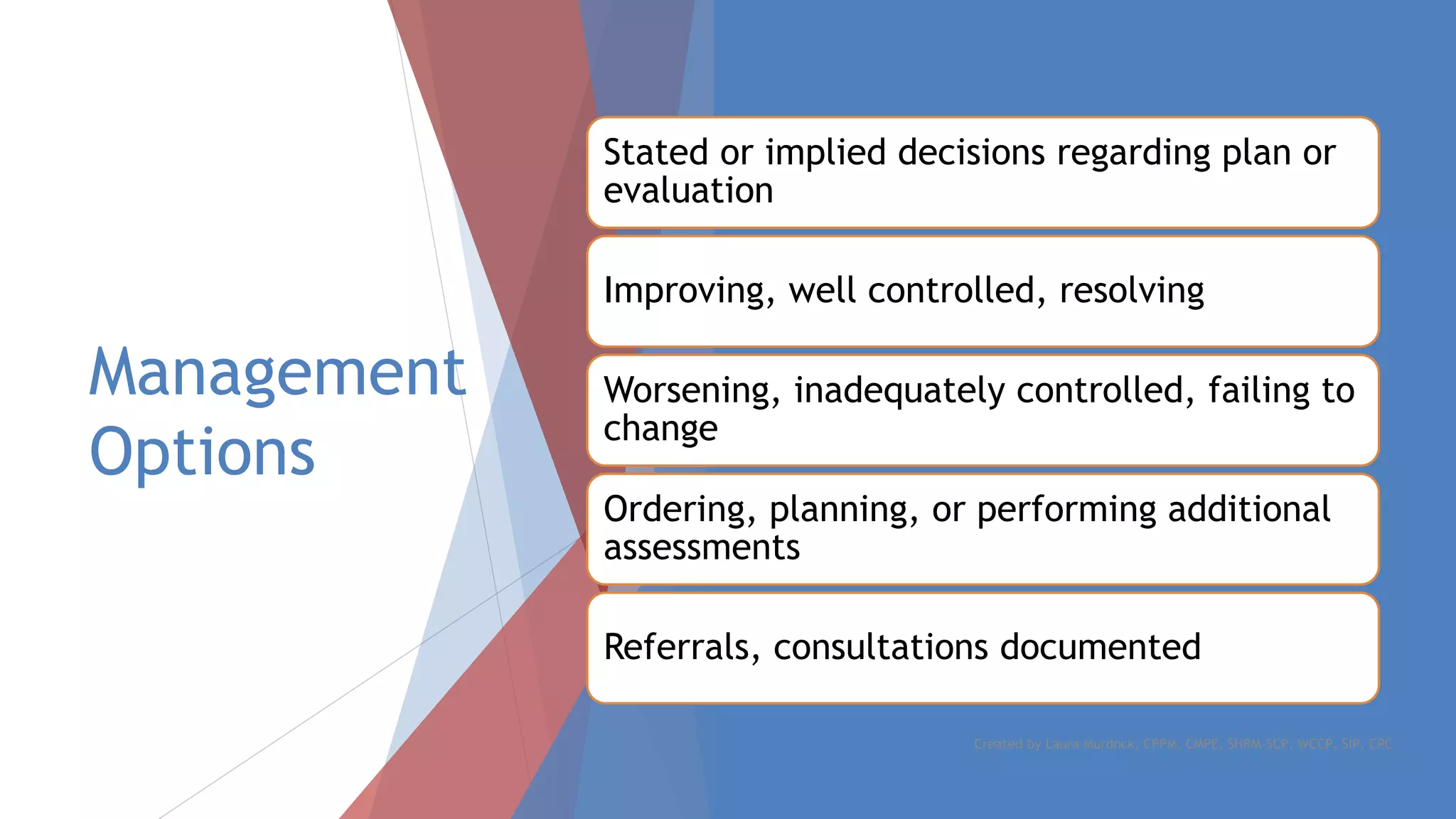 Management
Options
Stated or implied decisions regarding plan or
evaluation
Improving, well controlled, resolving
Worsening, inadequately controlled, failing to
change
Ordering, planning, or performing additional
assessments
Referrals, consultations documented
Created by Laura Murdock, CPPM, CMPE, SHRM-SCP, WCCP, SIP, CPC
 