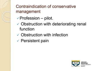 Contraindication of conservative
management
Profession – pilot.
 Obstruction with deteriorating renal
function
 Obstruction with infection
 Persistent pain
 