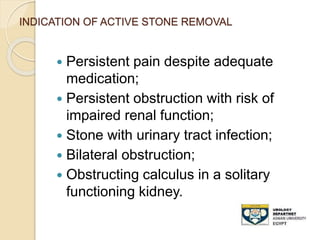 INDICATION OF ACTIVE STONE REMOVAL
 Persistent pain despite adequate
medication;
 Persistent obstruction with risk of
impaired renal function;
 Stone with urinary tract infection;
 Bilateral obstruction;
 Obstructing calculus in a solitary
functioning kidney.
 