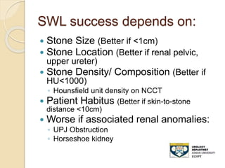 SWL success depends on:
 Stone Size (Better if <1cm)
 Stone Location (Better if renal pelvic,
upper ureter)
 Stone Density/ Composition (Better if
HU<1000)
◦ Hounsfield unit density on NCCT
 Patient Habitus (Better if skin-to-stone
distance <10cm)
 Worse if associated renal anomalies:
◦ UPJ Obstruction
◦ Horseshoe kidney
 