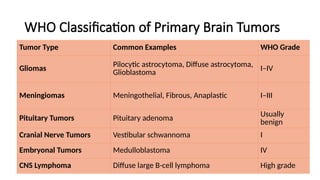 WHO Classification of Primary Brain Tumors
Tumor Type Common Examples WHO Grade
Gliomas Pilocytic astrocytoma, Diffuse astrocytoma,
Glioblastoma I–IV
Meningiomas Meningothelial, Fibrous, Anaplastic I–III
Pituitary Tumors Pituitary adenoma Usually
benign
Cranial Nerve Tumors Vestibular schwannoma I
Embryonal Tumors Medulloblastoma IV
CNS Lymphoma Diffuse large B-cell lymphoma High grade
 