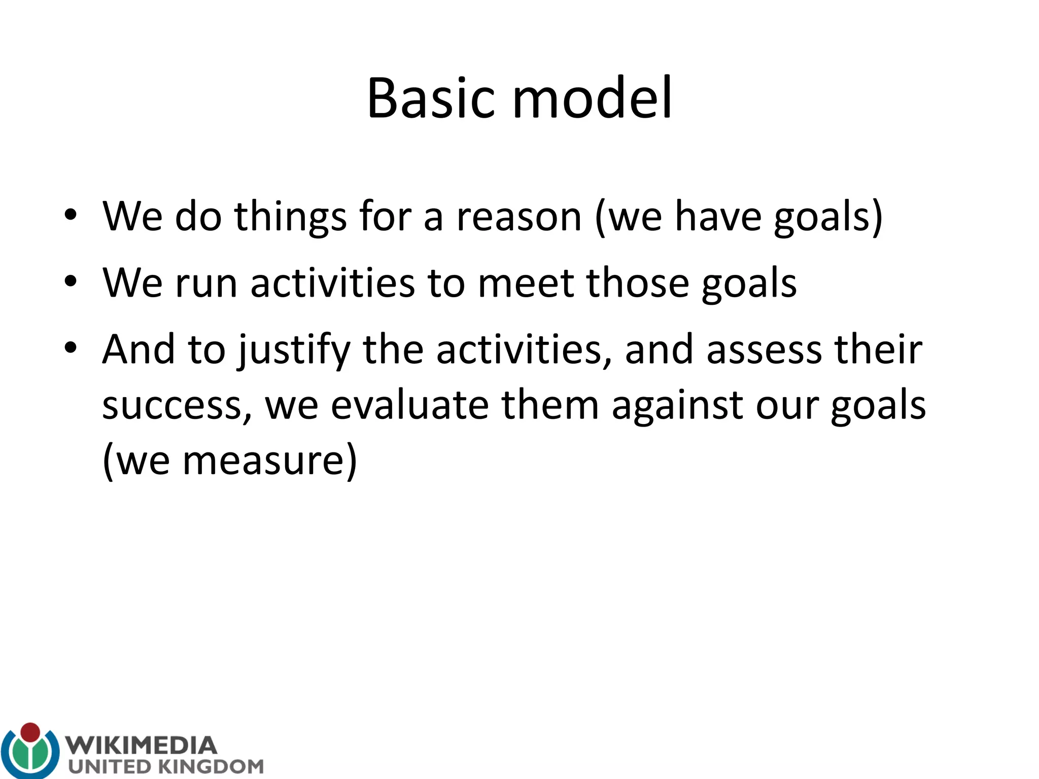 Basic model
• We do things for a reason (we have goals)
• We run activities to meet those goals
• And to justify the activities, and assess their
success, we evaluate them against our goals
(we measure)
 
