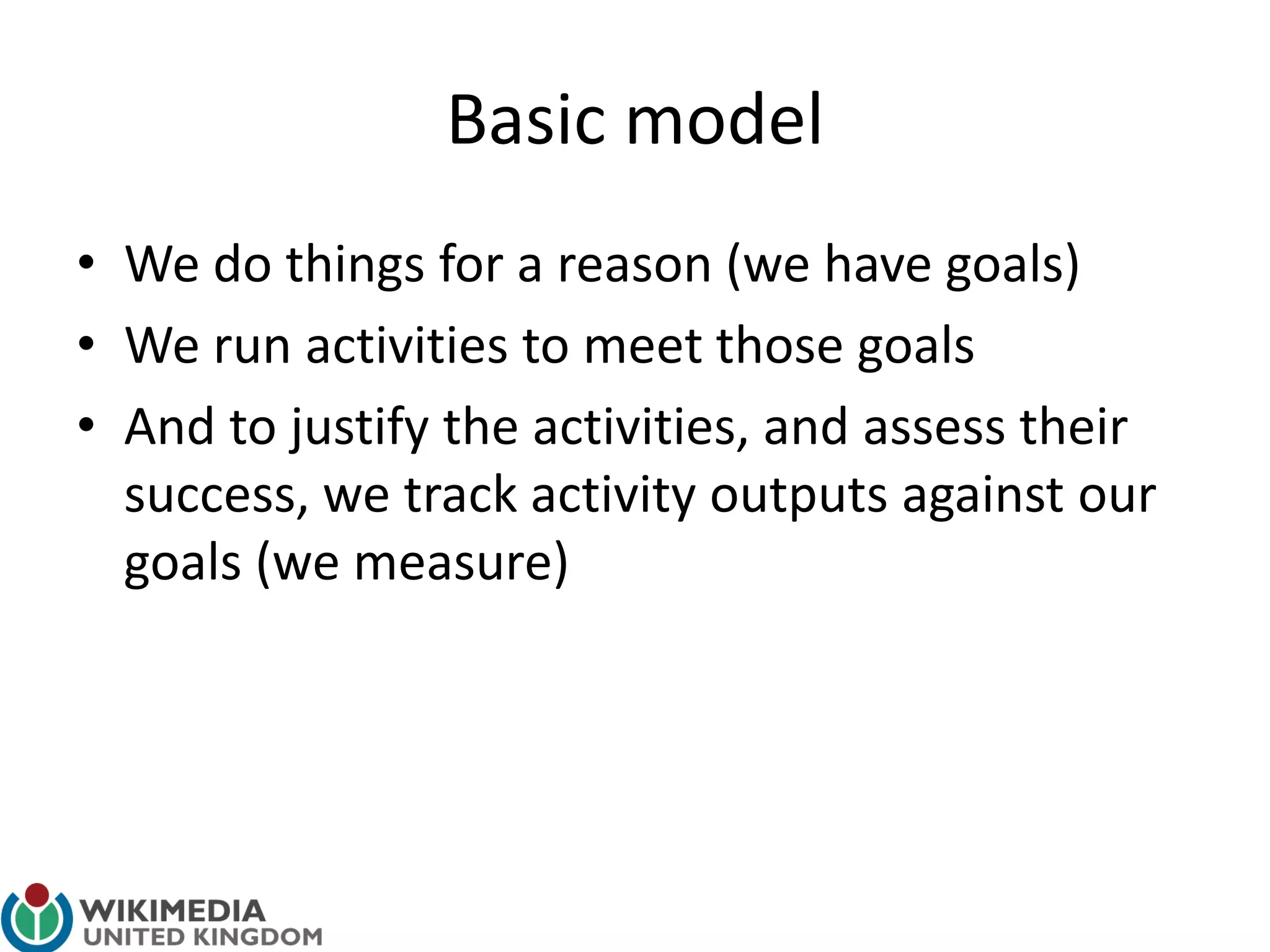 Basic model
• We do things for a reason (we have goals)
• We run activities to meet those goals
• And to justify the activities, and assess their
success, we track activity outputs against our
goals (we measure)
 