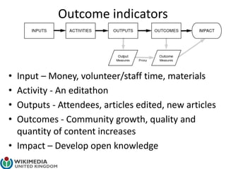 Outcome indicators
• Input – Money, volunteer/staff time, materials
• Activity - An editathon
• Outputs - Attendees, articles edited, new articles
• Outcomes - Community growth, quality and
quantity of content increases
• Impact – Develop open knowledge
 