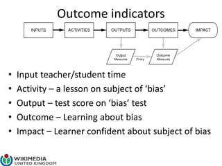 Outcome indicators
• Input teacher/student time
• Activity – a lesson on subject of ‘bias’
• Output – test score on ‘bias’ test
• Outcome – Learning about bias
• Impact – Learner confident about subject of bias
 