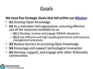 Goals
We have five Strategic Goals that fall within our Mission:
• G1 Develop Open Knowledge
• G2 As a volunteer-led organisation, ensuring effective
use of the resources available to us:
– G2.1 Develop, involve and engage WMUK volunteers
– G2.2 Use effective and high quality governance and resource
management processes
• G3 Reduce barriers to accessing Open Knowledge
• G4 Encourage and support technological innovation
• G5 Develop, support, and engage with other Wikimedia
communities
 