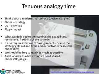 Tenuous analogy time
• Think about a modern smart phone (device, OS, plug)
• Phone – strategy
• OS – activities
• Plug – impact
• What we do is tied to the framing, the capabilities,
restrictions, flexibility of the strategy.
• It also requires that we’re having impact – or else the
strategy gets old and tired, and our activities cease (the
phone dies)
• We should be free to remix as much as possible
• And I wonder to what extent we need shared
phones/OS/plugs…
Public domain
http://wikitravel.org/shared/File:Universal-plug-adaptor.jpg
 