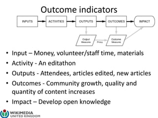 Outcome indicators
• Input teacher/student time
• Activity – a lesson on subject of ‘bias’
• Output – test score on ‘bias’...