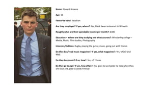 Name: Edward Browne
Age: 16
Favourite band: Kasabian
Are they employed? If yes, where?: Yes, Black Swan restaurant in Winwick
Roughly what are their spendable income per month?: £300
Education – Where are they studying and what courses?: Winstanley college –
Media, Music, Film studies, Photography
Interests/Hobbies: Rugby, playing the guitar, music, going out with friends
Do they buy/read music magazines? If yes, what magazines?: Yes, MOJO and
NME
Do they buy music? If so, how?: Yes, off iTunes
Do they go to gigs? If yes, how often?: Yes, goes to see bands he likes when they
are local and goes to Leeds Festival
 