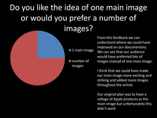 Do you like the idea of one main image
   or would you prefer a number of
                images?
                              From this feedback we can
                              understand where we could have
                              improved on our documentary.
                 1 main image We can see that our audience
                              would have preferred lots of
                 number of    images instead of one main image.
                 images
                              I think that we could have made
                              our main image more exciting and
                              striking and added more images
                              throughout the article.

                               Our original plan was to have a
                               collage of Apple products as the
                               main image but unfortunately this
                               didn’t work
 