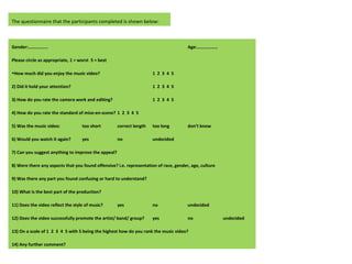 Gender:…………….. Age:……………… Please circle as appropriate, 1 = worst  5 = best How much did you enjoy the music video? 1  2  3  4  5 2) Did it hold your attention? 1  2  3  4  5 3) How do you rate the camera work and editing? 1  2  3  4  5 4) How do you rate the standard of mise-en-scene? 1  2  3  4  5 5) Was the music video: too short correct length too long don’t know 6) Would you watch it again? yes no undecided 7) Can you suggest anything to improve the appeal? 8) Were there any aspects that you found offensive? i.e. representation of race, gender, age, culture 9) Was there any part you found confusing or hard to understand? 10) What is the best part of the production? 11) Does the video reflect the style of music? yes no undecided 12) Does the video successfully promote the artist/ band/ group? yes no undecided 13) On a scale of  1  2  3  4  5  with 5 being the highest how do you rank the music video? 14) Any further comment? The questionnaire that the participants completed is shown below: 