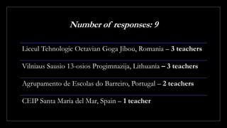 Number of responses: 9
Liceul Tehnologic Octavian Goga Jibou, Romania – 3 teachers
Vilniaus Sausio 13-osios Progimnazija, Lithuania – 3 teachers
Agrupamento de Escolas do Barreiro, Portugal – 2 teachers
CEIP Santa María del Mar, Spain – 1 teacher
 