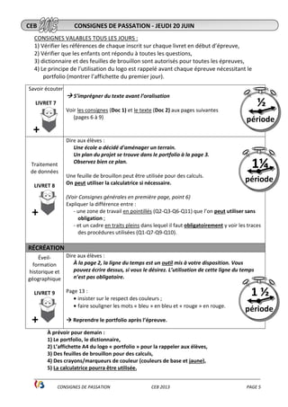 ______________________________________________________________________________________________
CONSIGNES DE PASSATION CEB 2013 PAGE 5
CONSIGNES VALABLES TOUS LES JOURS :
1) Vérifier les références de chaque inscrit sur chaque livret en début d’épreuve,
2) Vérifier que les enfants ont répondu à toutes les questions,
3) dictionnaire et des feuilles de brouillon sont autorisés pour toutes les épreuves,
4) Le principe de l’utilisation du logo est rappelé avant chaque épreuve nécessitant le
portfolio (montrer l’affichette du premier jour).
Savoir écouter
LIVRET 7
+
S’imprégner du texte avant l’oralisation
Voir les consignes (Doc 1) et le texte (Doc 2) aux pages suivantes
(pages 6 à 9)
Traitement
de données
LIVRET 8
+
Dire aux élèves :
Une école a décidé d'aménager un terrain.
Un plan du projet se trouve dans le portfolio à la page 3.
Observez bien ce plan.
Une feuille de brouillon peut être utilisée pour des calculs.
On peut utiliser la calculatrice si nécessaire.
(Voir Consignes générales en première page, point 6)
Expliquer la différence entre :
- une zone de travail en pointillés (Q2-Q3-Q6-Q11) que l’on peut utiliser sans
obligation ;
- et un cadre en traits pleins dans lequel il faut obligatoirement y voir les traces
des procédures utilisées (Q1-Q7-Q9-Q10).
RÉCRÉATION
Éveil-
formation
historique et
géographique
LIVRET 9
+
Dire aux élèves :
À la page 2, la ligne du temps est un outil mis à votre disposition. Vous
pouvez écrire dessus, si vous le désirez. L’utilisation de cette ligne du temps
n’est pas obligatoire.
Page 13 :
• insister sur le respect des couleurs ;
• faire souligner les mots « bleu » en bleu et « rouge » en rouge.
Reprendre le portfolio après l’épreuve.
À prévoir pour demain :
1) Le portfolio, le dictionnaire,
2) L’affichette A4 du logo « portfolio » pour la rappeler aux élèves,
3) Des feuilles de brouillon pour des calculs,
4) Des crayons/marqueurs de couleur (couleurs de base et jaune),
5) La calculatrice pourra être utilisée.
1 ½
période
1¼
période
CEB CONSIGNES DE PASSATION - JEUDI 20 JUIN
½
période
 
