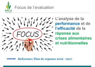 Focus de l’evaluation
L’analyse de la
performance et de
l’efficacité de la
réponse aux
crises alimentaires
et nutritionnelles
Reference: Plan de reponse 2016 - 2017
 