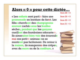 Alors « 0 » pour cette dictée… « Les  enfants  sont parti   faire une  promenade  en bordure de for e t. Les fille s  cherch ent   des  champignons   souvent  caché s   sous  les  feuilles  sèche s ,  pendant   que  les  garçons  cueill ent  des framboises odorante  . Ils aimer aient   bien   voir  des écureuil s   mai  ces petit   animau x  ne se montr ent  pas facilement. De retour à la  maison , ils mangeron s  des crêpe s , avec du  sucre  ou de la  confiture . »   Item 28 = 0  Item 29 = 0 Item 30 = 0 Item 31 = 0 