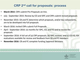 CRP 2nd call for proposals: process 
• March 2015: CRPs submit Pre-Proposals on-line. 
• July - September 2015: Review by CO and ISPC and CRPs submit revised proposals 
• November 2015: CB and FC determine which proposals, and/or key components, 
are to be developed into full proposals 
• March 2016: invited CRPs submit Full Proposals 
• April - September 2016: six months for ISPC, CO, and FO and to review the 
proposals 
• September 2016: A full set of (a) CRP proposals; (b) ISPC reviews; and (c) CO FO, IEA 
evaluations available for review and feedback from CB and FC members 
• November 2016: CB and FC complete funding /approval decisions 
 