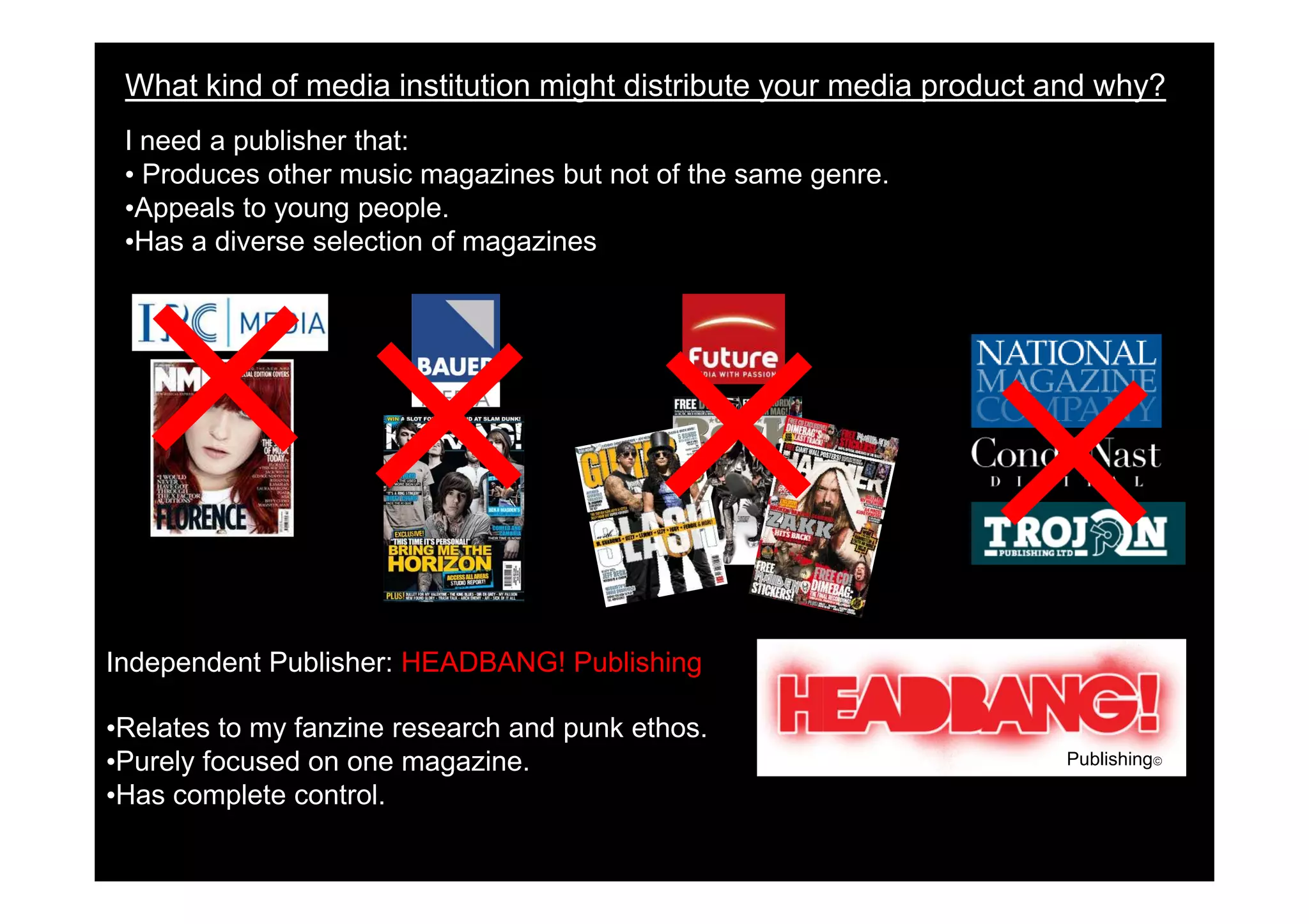 What kind of media institution might distribute your media product and why?
 I need a publisher that:
 • Produces other music magazines but not of the same genre.
 •Appeals to young people.
 •Has a diverse selection of magazines




Independent Publisher: HEADBANG! Publishing

•Relates to my fanzine research and punk ethos.
•Purely focused on one magazine.                                    Publishing

•Has complete control.
 