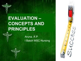 EVALUATION –
CONCEPTS AND
PRINCIPLES
Aruna. A P
I Batch MSC Nursing

 
