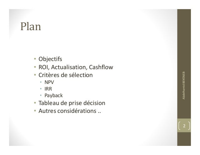 tableau npv et économique investissements des des projets Evaluation