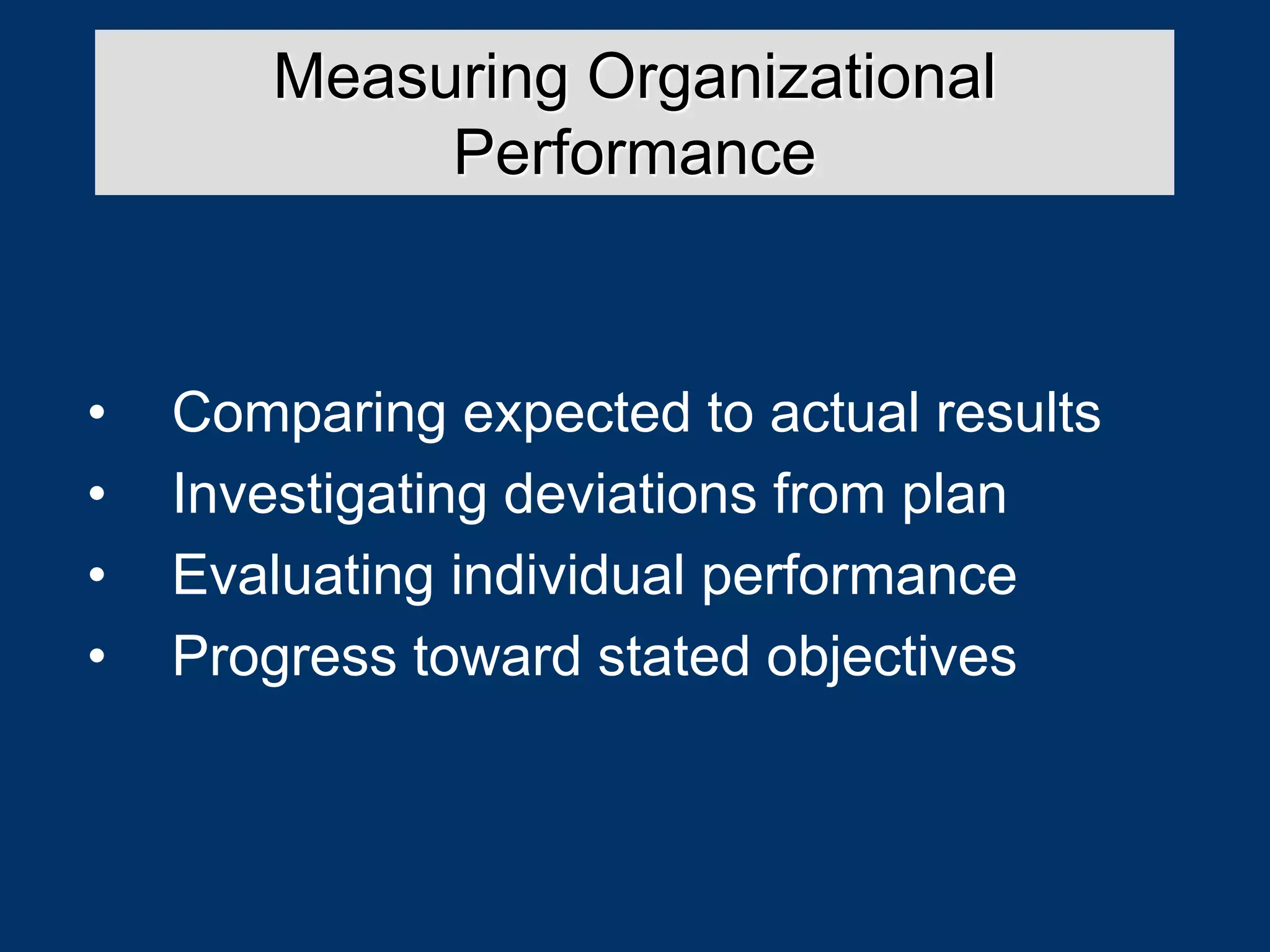 • Comparing expected to actual results
• Investigating deviations from plan
• Evaluating individual performance
• Progress toward stated objectives
Measuring Organizational
Performance
 