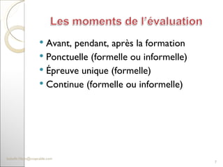 Avant, pendant, après la formation Ponctuelle (formelle ou informelle)  Épreuve unique (formelle) Continue (formelle ou informelle) [email_address] 
