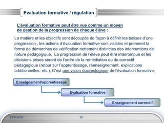 Evaluation formative / régulation
20
23/11/2022
La matière et les objectifs sont découpés de façon à définir les balises d...