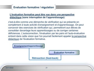 Evaluation formative / régulation
21
23/11/2022
c'est-à-dire comme une démarche de vérification qui se présente en
complém...