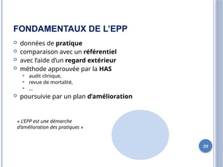 29
FONDAMENTAUX DE L’EPP
 données de pratique
 comparaison avec un référentiel
 avec l’aide d’un regard extérieur
 méthode approuvée par la HAS
 audit clinique,
 revue de mortalité,
 …
 poursuivie par un plan d’amélioration
« L’EPP est une démarche
d’amélioration des pratiques »
 