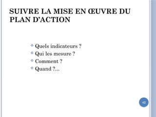 42
SUIVRE LA MISE EN ŒUVRE DU
PLAN D’ACTION
 Quels indicateurs ?
 Qui les mesure ?
 Comment ?
 Quand ?...
 
