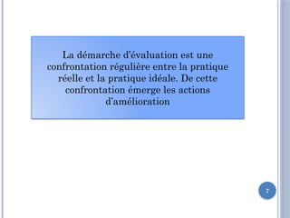 7
La démarche d’évaluation est une
confrontation régulière entre la pratique
réelle et la pratique idéale. De cette
confrontation émerge les actions
d’amélioration
 
