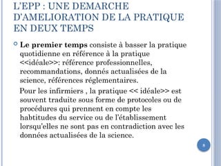 8
L’EPP : UNE DEMARCHE
D’AMELIORATION DE LA PRATIQUE
EN DEUX TEMPS
 Le premier temps consiste à basser la pratique
quotidienne en référence à la pratique
<<idéale>>: référence professionnelles,
recommandations, donnés actualisées de la
science, références réglementaires.
Pour les infirmiers , la pratique << idéale>> est
souvent traduite sous forme de protocoles ou de
procédures qui prennent en compte les
habtitudes du service ou de l’établissement
lorsqu’elles ne sont pas en contradiction avec les
données actualisées de la science.
 