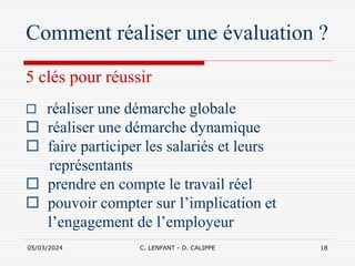 05/03/2024 C. LENFANT - D. CALIPPE 18
Comment réaliser une évaluation ?
5 clés pour réussir
 réaliser une démarche globale
 réaliser une démarche dynamique
 faire participer les salariés et leurs
représentants
 prendre en compte le travail réel
 pouvoir compter sur l’implication et
l’engagement de l’employeur
 