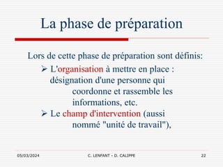05/03/2024 C. LENFANT - D. CALIPPE 22
La phase de préparation
Lors de cette phase de préparation sont définis:
 L'organisation à mettre en place :
désignation d'une personne qui
coordonne et rassemble les
informations, etc.
 Le champ d'intervention (aussi
nommé "unité de travail"),
 