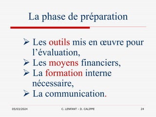 05/03/2024 C. LENFANT - D. CALIPPE 24
La phase de préparation
 Les outils mis en œuvre pour
l’évaluation,
 Les moyens financiers,
 La formation interne
nécessaire,
 La communication.
 