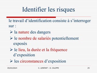 05/03/2024 C. LENFANT - D. CALIPPE 25
Identifier les risques
le travail d’identification consiste à s’interroger
sur :
 la nature des dangers
 le nombre de salariés potentiellement
exposés
 le lieu, la durée et la fréquence
d’exposition
 les circonstances d’exposition
 