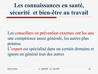 05/03/2024 C. LENFANT - D. CALIPPE 30
Les connaissances en santé,
sécurité et bien-être au travail
Les conseillers en prévention externes ont les uns
une compétence assez générale, les autres plus
pointue.
L’expert est spécialisé dans un certain domaine et
ignore en général tout des autres
 