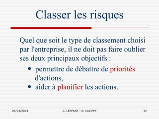 05/03/2024 C. LENFANT - D. CALIPPE 32
Classer les risques
Quel que soit le type de classement choisi
par l'entreprise, il ne doit pas faire oublier
ses deux principaux objectifs :
 permettre de débattre de priorités
d'actions,
 aider à planifier les actions.
 