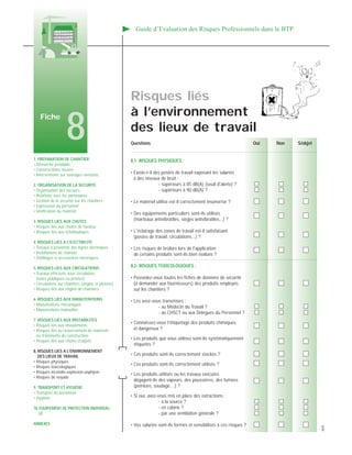 1. PREPARATION DE CHANTIER
• Démarche préalable
• Constructions neuves
• Interventions sur ouvrages existants
2. ORGANISATION DE LA SECURITE
• Organisation des secours
• Relations avec les partenaires
• Gestion de la sécurité sur les chantiers
• Expression du personnel
• Vérification du matériel
3. RISQUES LIES AUX CHUTES
• Risques liés aux chutes de hauteur
• Risques liés aux échafaudages
4. RISQUES LIES A L’ELECTRICITE
• Travaux à proximité des lignes électriques
• Installations de chantier
• Outillages et accessoires électriques
5. RISQUES LIES AUX CIRCULATIONS
• Travaux effectués sous circulation
(voies publiques ou privées)
• Circulations sur chantiers (engins et piétons)
• Risques liés aux engins de chantiers
6. RISQUES LIES AUX MANUTENTIONS
• Manutentions mécaniques
• Manutentions manuelles
7. RISQUES LIES AUX INSTABILITES
• Risques liés aux éboulements
• Risques liés au renversement de matériels
ou d’éléments de construction
• Risques liés aux chutes d’objets
8. RISQUES LIES A L’ENVIRONNEMENT
DES LIEUX DE TRAVAIL
• Risques physiques
• Risques toxicologiques
• Risques incendie-explosion-asphyxie
• Risques de noyade
9. TRANSPORT ET HYGIENE
• Transport du personnel
• Hygiène
10. EQUIPEMENT DE PROTECTION INDIVIDUEL-
LE
ANNEXES
Guide d’Evaluation des Risques Professionnels dans le BTP
Questions Oui Non S/objet
8,1- RISQUES PHYSIQUES :
• Existe-t-il des postes de travail exposant les salariés
à des niveaux de bruit :
- supérieurs à 85 dB(A) (seuil d'alerte) ?
- supérieurs à 90 dB(A) ?
• Le matériel utilisé est-il correctement insonorisé ?
• Des équipements particuliers sont-ils utilisés
(marteaux antivibratiles, sièges antivibratiles...) ?
• L'éclairage des zones de travail est-il satisfaisant
(postes de travail, circulations...) ?
• Les risques de brûlure lors de l'application
de certains produits sont-ils bien évalués ?
8,2- RISQUES TOXICOLOGIQUES :
• Possédez-vous toutes les fiches de données de sécurité
(à demander aux fournisseurs) des produits employés
sur les chantiers ?
• Les avez-vous transmises :
- au Médecin du Travail ?
- au CHSCT ou aux Délégués du Personnel ?
• Connaissez-vous l'étiquetage des produits chimiques
et dangereux ?
• Les produits que vous utilisez sont-ils systématiquement
étiquetés ?
• Ces produits sont-ils correctement stockés ?
• Ces produits sont-ils correctement utilisés ?
• Les produits utilisés ou les travaux exécutés
dégagent-ils des vapeurs, des poussières, des fumées
(peinture, soudage…) ?
• Si oui, avez-vous mis en place des extractions :
- à la source ?
- en cabine ?
- par une ventilation générale ?
• Vos salariés sont-ils formés et sensibilisés à ces risques ?
Risques liés
à l’environnement
des lieux de travail
Fiche
8
4870
 