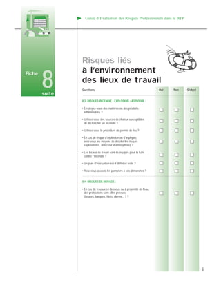 Guide d’Evaluation des Risques Professionnels dans le BTP
Questions Oui Non S/objet
8,3- RISQUES INCENDIE - EXPLOSION - ASPHYXIE :
• Employez-vous des matières ou des produits
inflammables ?
• Utilisez-vous des sources de chaleur susceptibles
de déclencher un incendie ?
• Utilisez-vous la procédure de permis de feu ?
• En cas de risque d'explosion ou d'asphyxie,
avez-vous les moyens de déceler les risques
explosimètre, détecteur d'atmosphère) ?
• Les locaux de travail sont-ils équipés pour la lutte
contre l'incendie ?
• Un plan d'évacuation est-il défini et testé ?
• Avez-vous associé les pompiers à vos démarches ?
8,4- RISQUES DE NOYADE :
• En cas de travaux en dessous ou à proximité de l'eau,
des protections sont-elles prévues
(bouées, barques, filets, alarme,,, ) ?
Risques liés
à l’environnement
des lieux de travail
Fiche
8suite
4870
 
