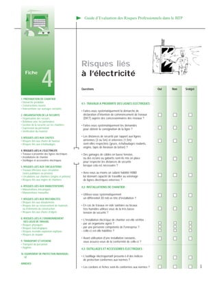 1. PREPARATION DE CHANTIER
• Démarche préalable
• Constructions neuves
• Interventions sur ouvrages existants
2. ORGANISATION DE LA SECURITE
• Organisation des secours
• Relations avec les partenaires
• Gestion de la sécurité sur les chantiers
• Expression du personnel
• Vérification du matériel
3. RISQUES LIES AUX CHUTES
• Risques liés aux chutes de hauteur
• Risques liés aux échafaudages
4. RISQUES LIES A L’ELECTRICITE
• Travaux à proximité des lignes électriques
• Installations de chantier
• Outillages et accessoires électriques
5. RISQUES LIES AUX CIRCULATIONS
• Travaux effectués sous circulation
(voies publiques ou privées)
• Circulations sur chantiers (engins et piétons)
• Risques liés aux engins de chantiers
6. RISQUES LIES AUX MANUTENTIONS
• Manutentions mécaniques
• Manutentions manuelles
7. RISQUES LIES AUX INSTABILITES
• Risques liés aux éboulements
• Risques liés au renversement de matériels
ou d’éléments de construction
• Risques liés aux chutes d’objets
8. RISQUES LIES A L’ENVIRONNEMENT
DES LIEUX DE TRAVAIL
• Risques physiques
• Risques toxicologiques
• Risques incendie-explosion-asphyxie
• Risques de noyade
9. TRANSPORT ET HYGIENE
• Transport du personnel
• Hygiène
10. EQUIPEMENT DE PROTECTION INDIVIDUEL-
LE
ANNEXES
Guide d’Evaluation des Risques Professionnels dans le BTP
Questions Oui Non S/objet
4,1- TRAVAUX A PROXIMITE DES LIGNES ELECTRIQUES :
• Faites-vous systématiquement la démarche de
déclaration d'intention de commencement de travaux
(DICT) auprès des concessionnaires des réseaux ?
• Faites-vous systématiquement les demandes
pour obtenir la consignation de la ligne ?
• Les distances de sécurité par rapport aux lignes
aériennes (3 ou 5m) et enterrées (1,5m)
sont-elles respectées (grues, échafaudages roulants,
engins, tapis de livraison de béton) ?
• Des gainages de câbles en basse tension,
ou des écrans ou gabarits sont-ils mis en place
pour respecter les distances de sécurité
lorsque cela est nécessaire ?
• Avez-vous au moins un salarié habilité H0B0
lui donnant capacité de travailler au voisinage
de lignes électriques enterrées ?
4,2- INSTALLATIONS DE CHANTIER :
• Utilisez-vous systématiquement
un différentiel 3O mA en tête d'installation ?
• En cas de travaux en vide sanitaire ou locaux
très humides utilisez vous de la très basse
tension de sécurité ?
• L'installation électrique de chantier est-elle vérifiée :
- par un organisme agréé ?
- par une personne compétente de l'entreprise ?
- celle-ci est-elle habilitée ?
• Avant utilisation d'une installation existante,
vous assurez-vous de la conformité de celle-ci ?
4,3- OUTILLAGES ET ACCESSOIRES ELECTRIQUES :
• L'outillage électroportatif présente-t-il des indices
de protection conformes aux normes ?
• Les cordons et fiches sont-ils conformes aux normes ?
Risques liés
à l’électricitéFiche
4
4870
 