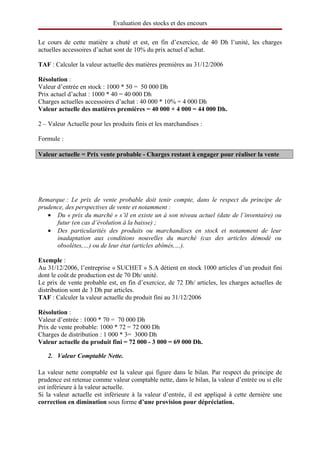 Evaluation des stocks et des encours

Le cours de cette matière a chuté et est, en fin d’exercice, de 40 Dh l’unité, les charges
actuelles accessoires d’achat sont de 10% du prix actuel d’achat.

TAF : Calculer la valeur actuelle des matières premières au 31/12/2006

Résolution :
Valeur d’entrée en stock : 1000 * 50 = 50 000 Dh
Prix actuel d’achat : 1000 * 40 = 40 000 Dh
Charges actuelles accessoires d’achat : 40 000 * 10% = 4 000 Dh
Valeur actuelle des matières premières = 40 000 + 4 000 = 44 000 Dh.

2 – Valeur Actuelle pour les produits finis et les marchandises :

Formule :

Valeur actuelle = Prix vente probable - Charges restant à engager pour réaliser la vente




Remarque : Le prix de vente probable doit tenir compte, dans le respect du principe de
prudence, des perspectives de vente et notamment :
   • Du « prix du marché » s’il en existe un à son niveau actuel (date de l’inventaire) ou
      futur (en cas d’évolution à la baisse) ;
   • Des particularités des produits ou marchandises en stock et notamment de leur
      inadaptation aux conditions nouvelles du marché (cas des articles démodé ou
      obsolètes,…) ou de leur état (articles abîmés,…).

Exemple :
Au 31/12/2006, l’entreprise « SUCHET » S.A détient en stock 1000 articles d’un produit fini
dont le coût de production est de 70 Dh/ unité.
Le prix de vente probable est, en fin d’exercice, de 72 Dh/ articles, les charges actuelles de
distribution sont de 3 Dh par articles.
TAF : Calculer la valeur actuelle du produit fini au 31/12/2006

Résolution :
Valeur d’entrée : 1000 * 70 = 70 000 Dh
Prix de vente probable: 1000 * 72 = 72 000 Dh
Charges de distribution : 1 000 * 3= 3000 Dh
Valeur actuelle du produit fini = 72 000 - 3 000 = 69 000 Dh. 

   2. Valeur Comptable Nette.

La valeur nette comptable est la valeur qui figure dans le bilan. Par respect du principe de
prudence est retenue comme valeur comptable nette, dans le bilan, la valeur d’entrée ou si elle
est inférieure à la valeur actuelle.
Si la valeur actuelle est inférieure à la valeur d’entrée, il est appliqué à cette dernière une
correction en diminution sous forme d’une provision pour dépréciation.
 
