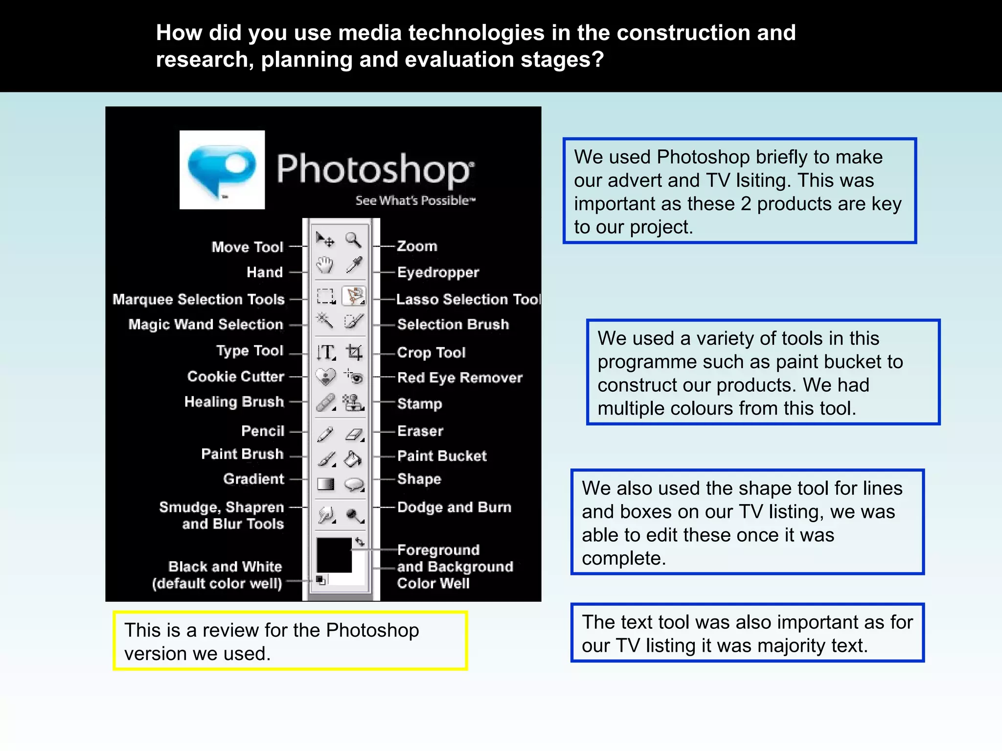 We used Photoshop briefly to make our advert and TV lsiting. This was important as these 2 products are key to our project.  This is a review for the Photoshop version we used. How did you use media technologies in the construction and research, planning and evaluation stages? We used a variety of tools in this programme such as paint bucket to construct our products. We had multiple colours from this tool. We also used the shape tool for lines and boxes on our TV listing, we was able to edit these once it was complete.  The text tool was also important as for our TV listing it was majority text.  