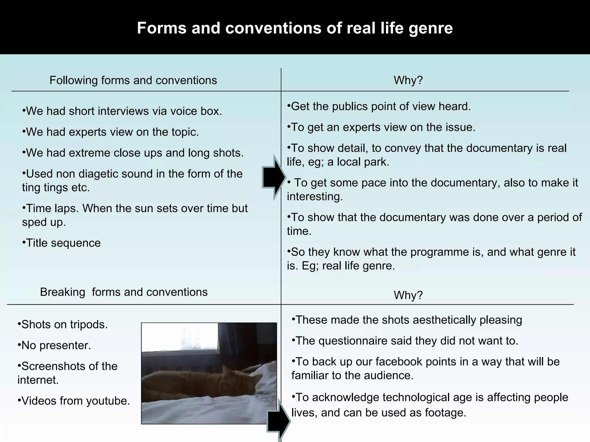 Following forms and conventions Why? We had short interviews via voice box. We had experts view on the topic. We had extreme close ups and long shots. Used non diagetic sound in the form of the ting tings etc. Time laps. When the sun sets over time but sped up. Title sequence Get the publics point of view heard.  To get an experts view on the issue. To show detail, to convey that the documentary is real life, eg; a local park. To get some pace into the documentary, also to make it interesting. To show that the documentary was done over a period of time.  So they know what the programme is, and what genre it is. Eg; real life genre.  Breaking  forms and conventions Why? Shots on tripods. No presenter. Screenshots of the internet. Videos from youtube. These made the shots aesthetically pleasing The questionnaire said they did not want to.  To back up our facebook points in a way that will be familiar to the audience.  To acknowledge technological age is affecting people lives, and can be used as footage.   Forms and conventions of real life genre 