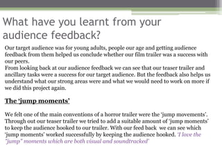 What have you learnt from your
audience feedback?
Our target audience was for young adults, people our age and getting audience
feedback from them helped us conclude whether our film trailer was a success with
our peers.
From looking back at our audience feedback we can see that our teaser trailer and
ancillary tasks were a success for our target audience. But the feedback also helps us
understand what our strong areas were and what we would need to work on more if
we did this project again.

The ‘jump moments’

We felt one of the main conventions of a horror trailer were the ‘jump movements’.
Through out our teaser trailer we tried to add a suitable amount of ‘jump moments’
to keep the audience hooked to our trailer. With our feed back we can see which
‘jump moments’ worked successfully by keeping the audience hooked. ‘I love the
"jump" moments which are both visual and soundtracked’
 